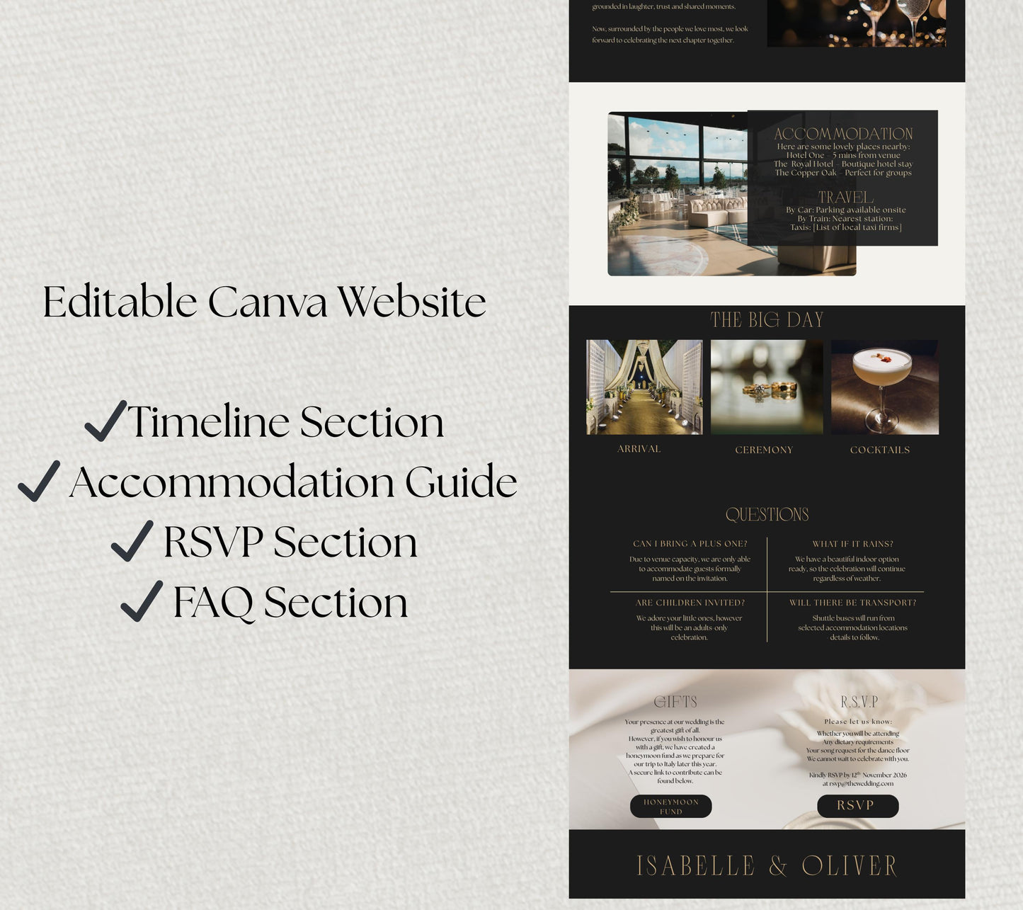 Black Gold Wedding Site Template, Canva Editable, Elegant Bridal Website, RSVP Page.