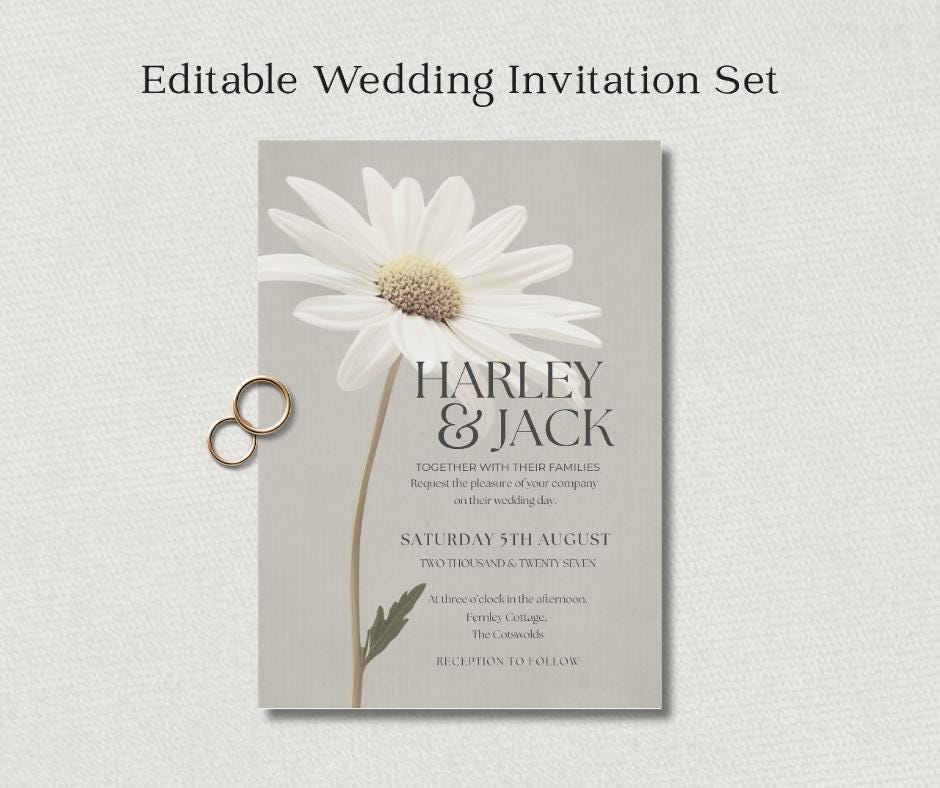 Daisy Wedding Invitation Set. Botanical Invite For Spring Summer  Weddings, Editable Printable Stationery.