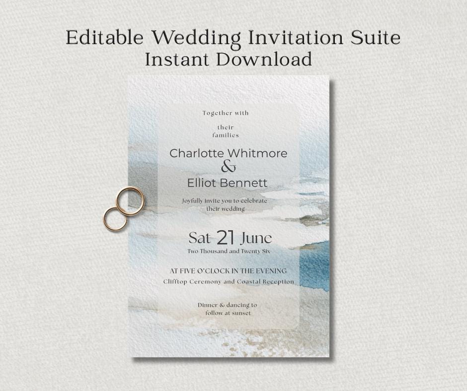 Coastal Wedding Invitation Suite. Neutral Destination or Beach Invite Set. Canva Editable Template.