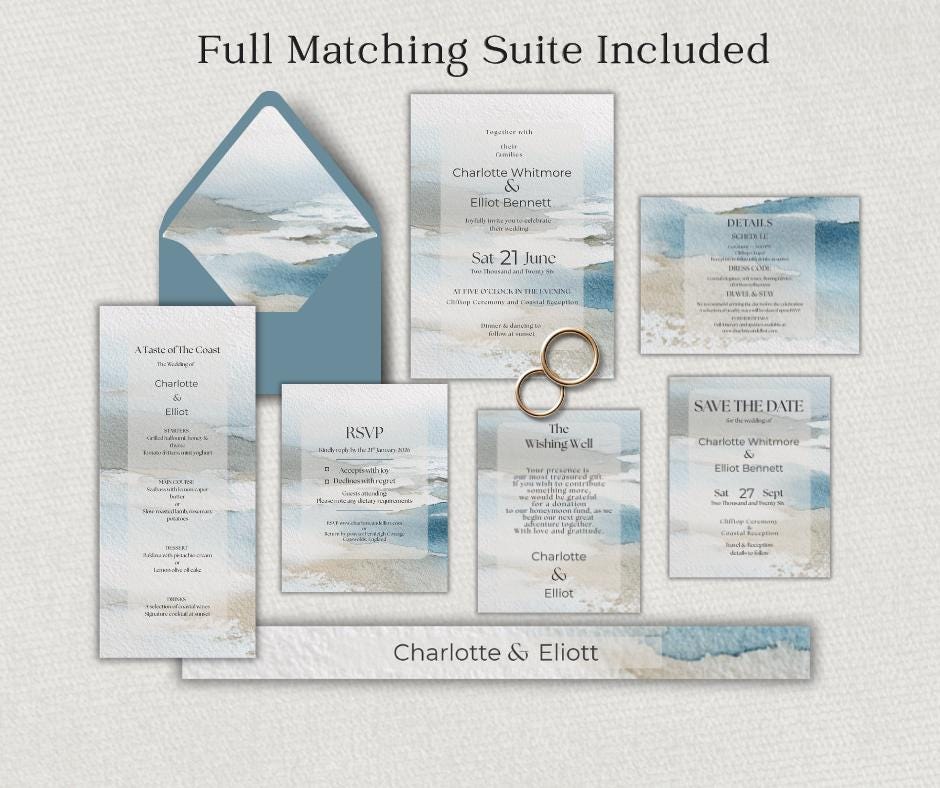Coastal Wedding Invitation Suite. Neutral Destination or Beach Invite Set. Canva Editable Template.