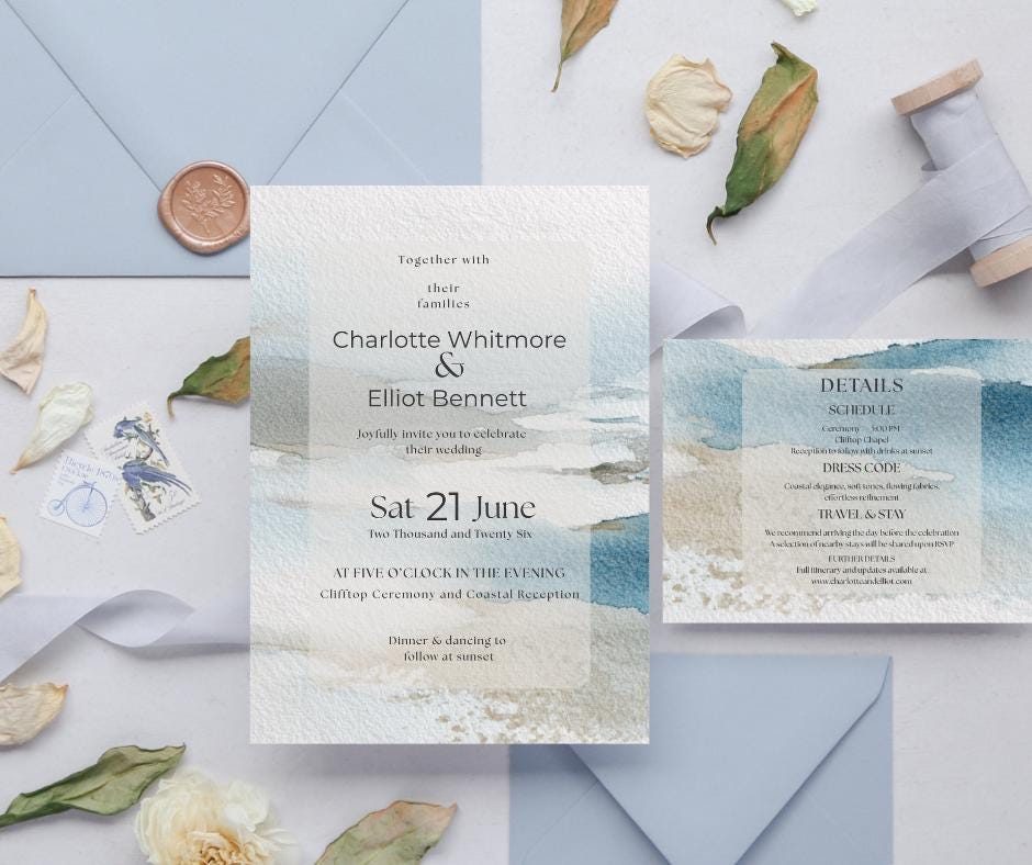 Coastal Wedding Invitation Suite. Neutral Destination or Beach Invite Set. Canva Editable Template.