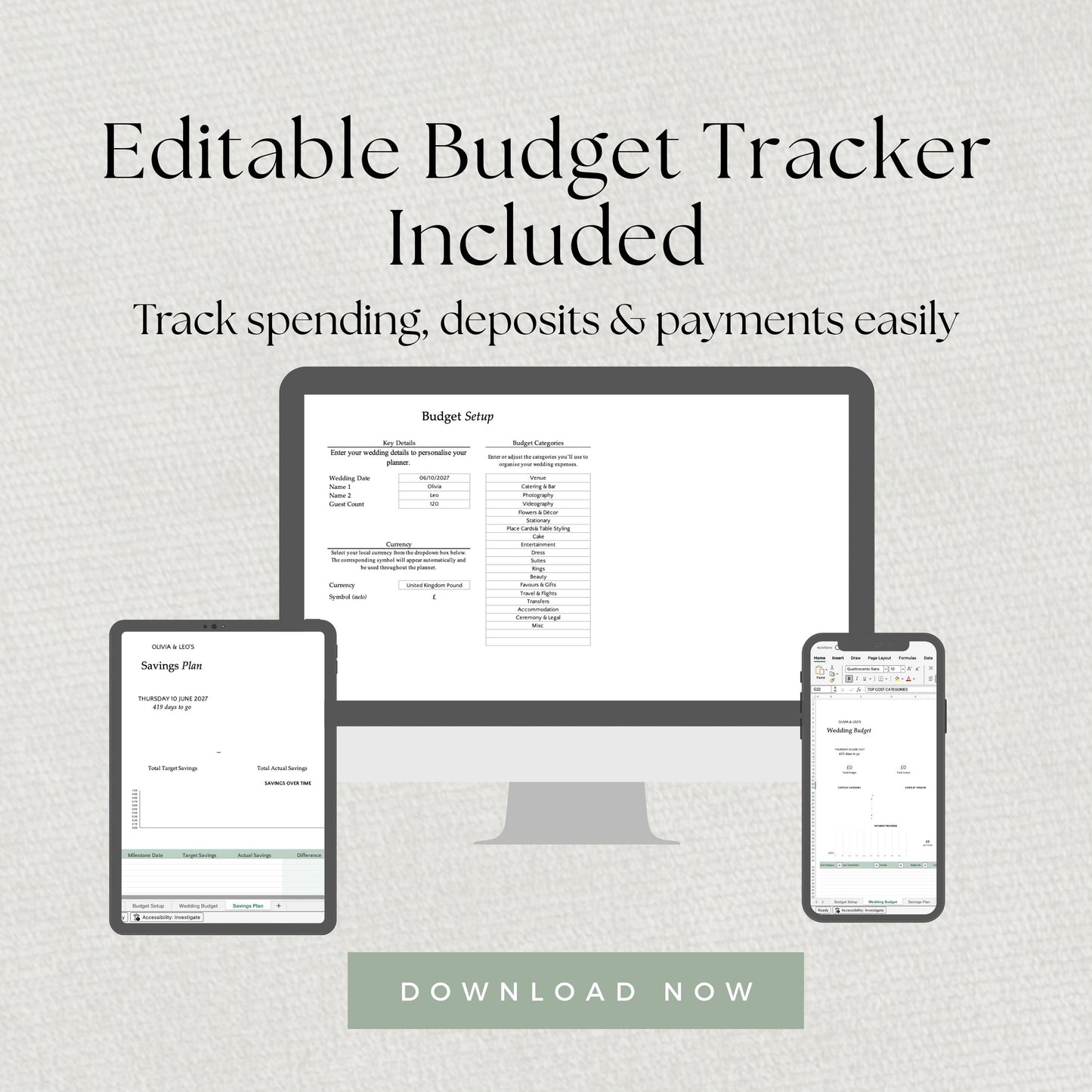 Destination Wedding Planner Template. Bride To Be Editable Organiser, Budget Tracker Excel.