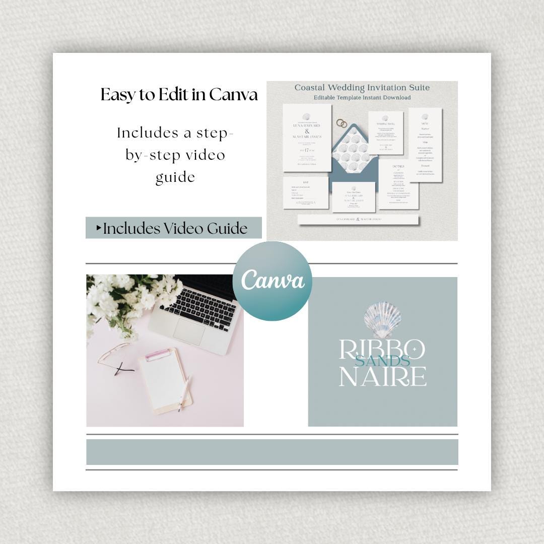 Coastal Wedding Invitation Template, Editable Canva Invite Suite, Beach Invite Set, Instant Download