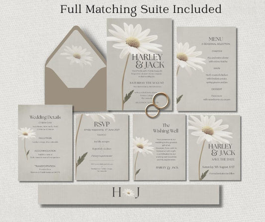 Daisy Wedding Invitation Suite. Botanical Invite Template, Printable Canva RSVP, Details, Menu Card Set.