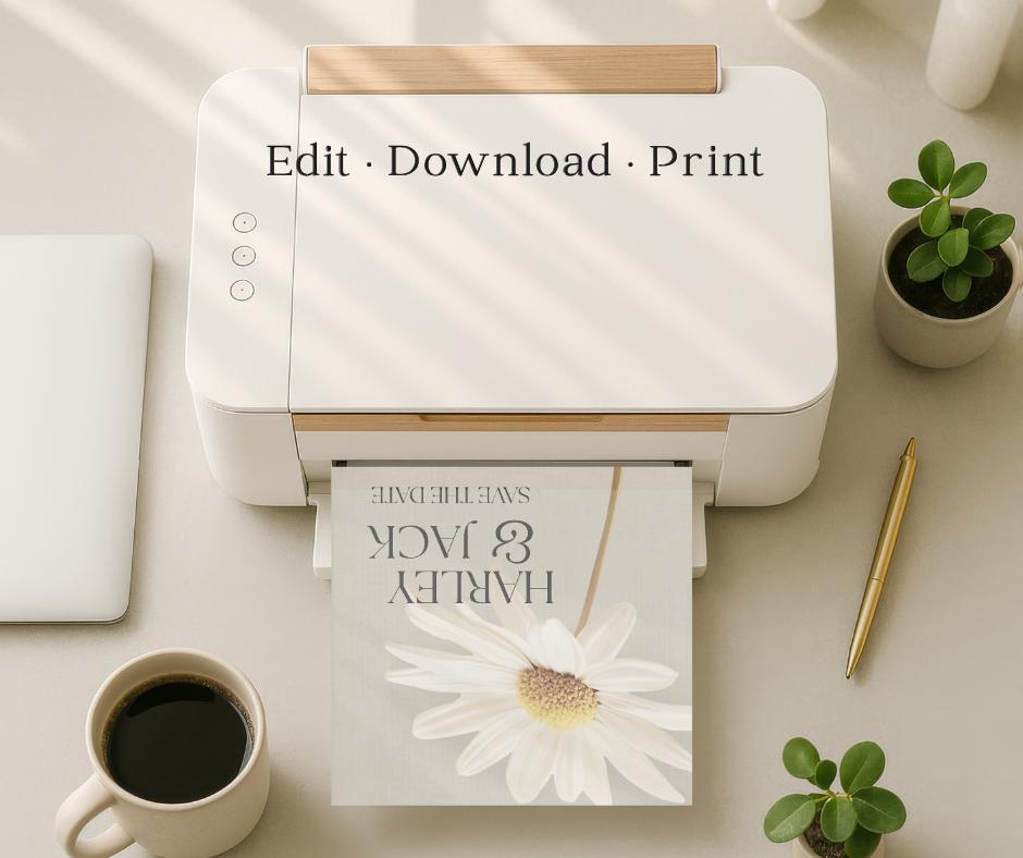 Daisy Wedding Invitation Suite. Botanical Invite Template, Printable Canva RSVP, Details, Menu Card Set.