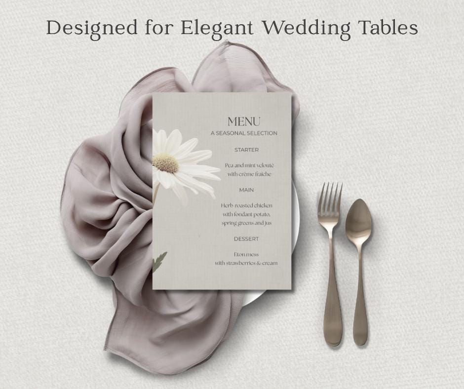 Daisy Wedding Invitation Suite. Botanical Invite Template, Printable Canva RSVP, Details, Menu Card Set.