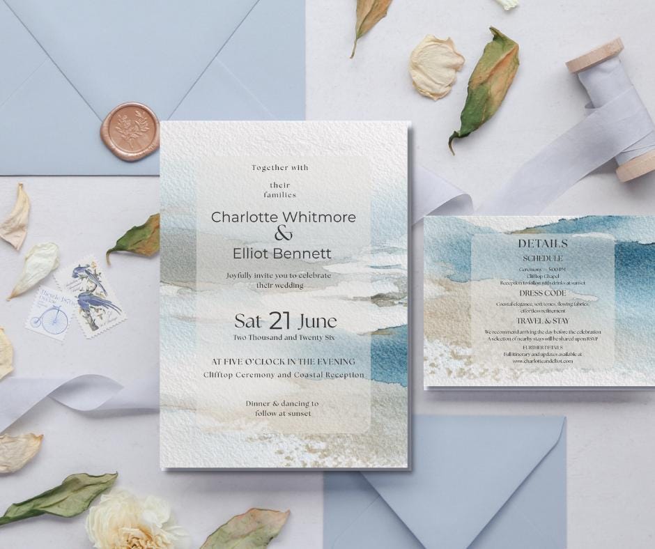 Coastal Wedding Stationery Bundle Editable Canva Template Suite Destination Beach Invitation Collection Minimalist.