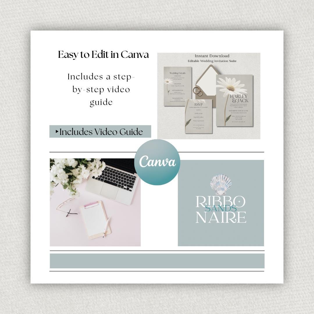 Daisy Wedding Invitation Set. Botanical Invite For Spring Summer  Weddings, Editable Printable Stationery.