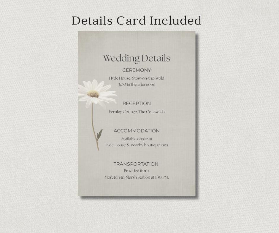 Daisy Wedding Invitation Set. Botanical Invite For Spring Summer  Weddings, Editable Printable Stationery.