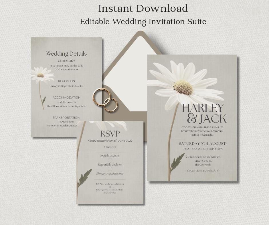 Daisy Wedding Invitation Set. Botanical Invite For Spring Summer  Weddings, Editable Printable Stationery.