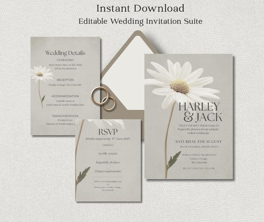 Daisy Wedding Invitation Set. Botanical Invite For Spring Summer  Weddings, Editable Printable Stationery.