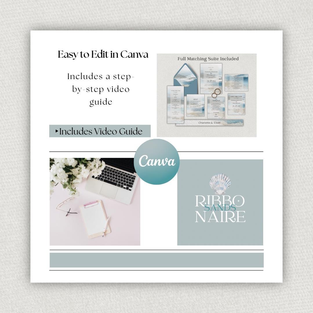 Coastal Wedding Invitation Suite. Neutral Destination or Beach Invite Set. Canva Editable Template.