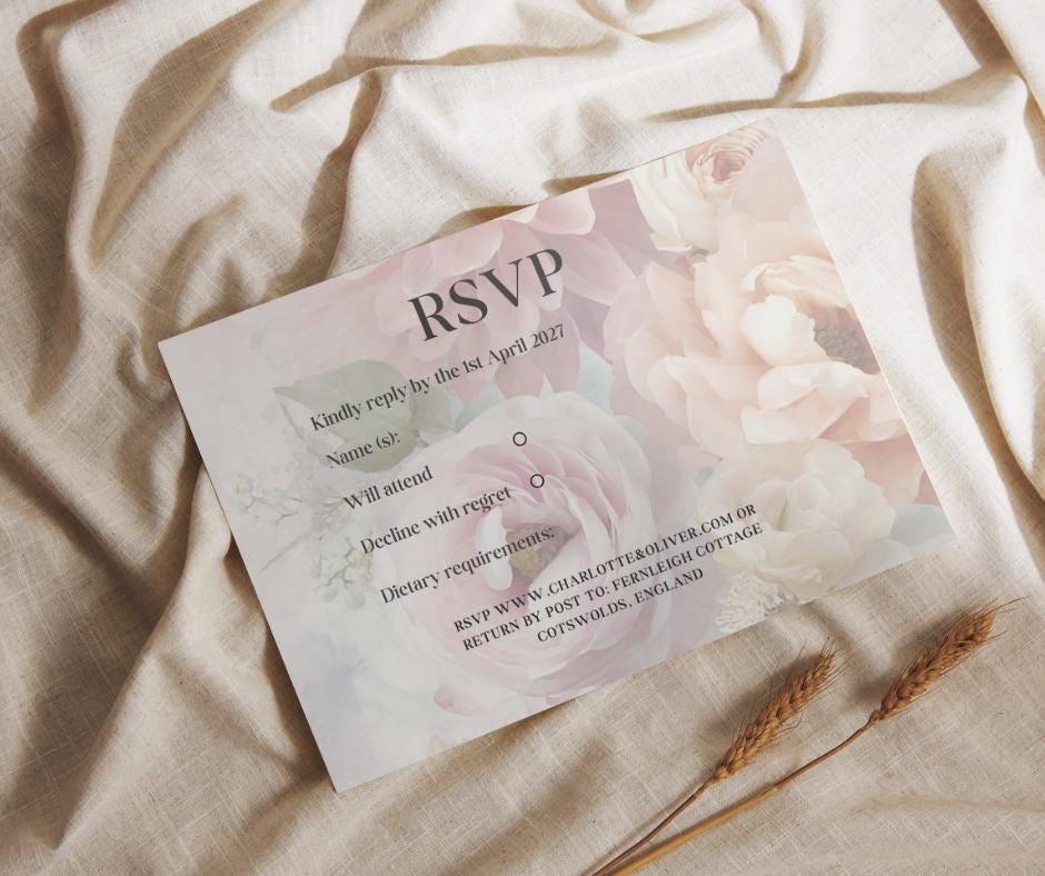 Romantic Floral Wedding Invitation Set, Pastel Garden Wedding. Flower Canva Template, RSVP & Details Card.
