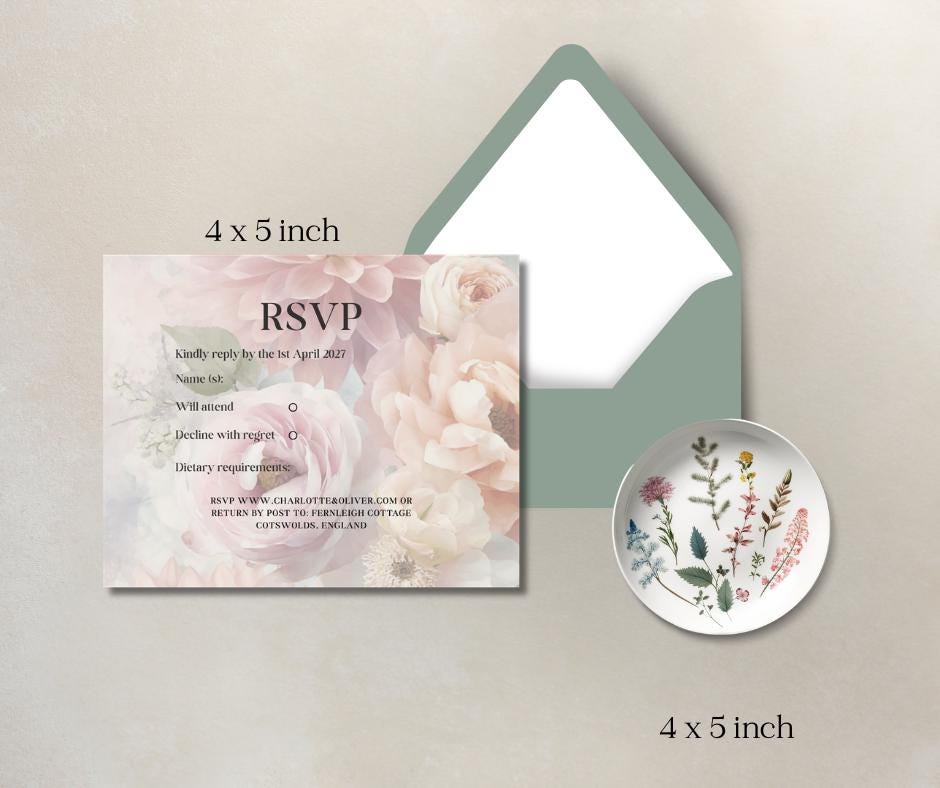 Romantic Floral Wedding Invitation Set, Pastel Garden Wedding. Flower Canva Template, RSVP & Details Card.