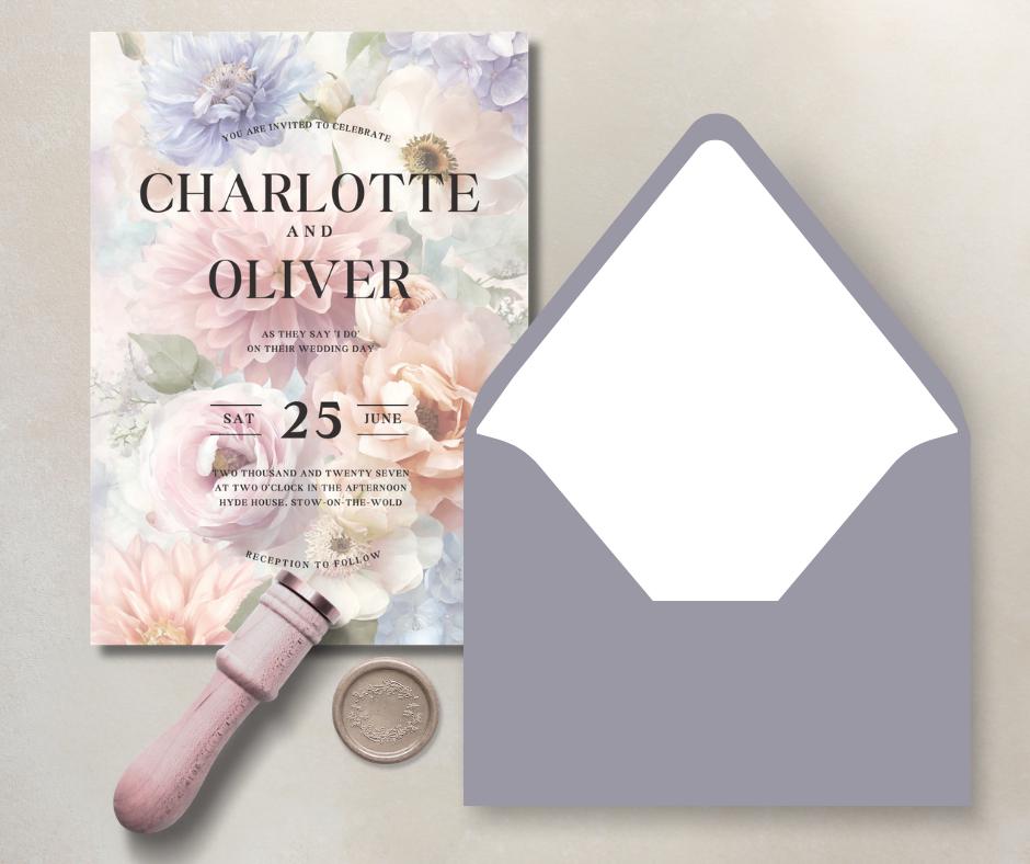 Romantic Floral Wedding Invitation Set, Pastel Garden Wedding. Flower Canva Template, RSVP & Details Card.
