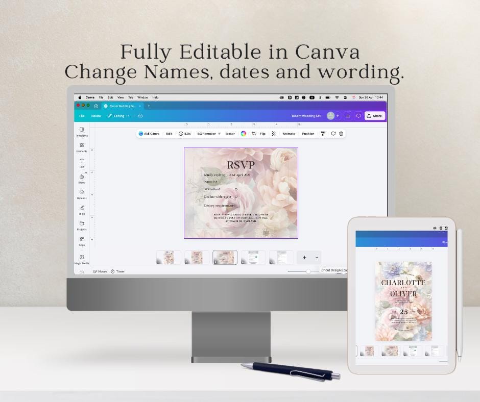 Romantic Floral Wedding Invitation Set, Pastel Garden Wedding. Flower Canva Template, RSVP & Details Card.