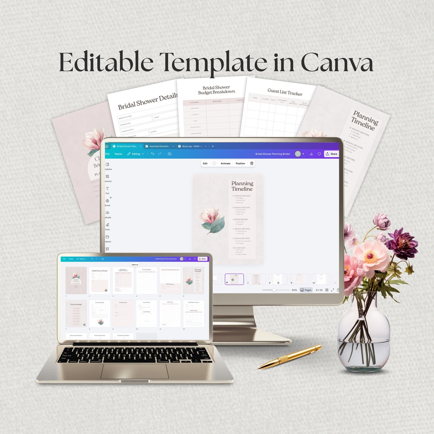 Bridal Shower Planner, Canva Template, Printable Binder, Shower Checklist, Editable Planning Kit Pages.
