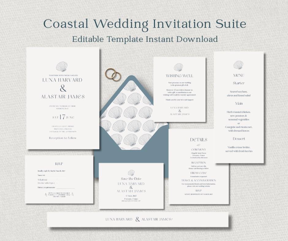 Coastal Wedding Invitation Template, Editable Canva Invite Suite, Beach Invite Set, Instant Download