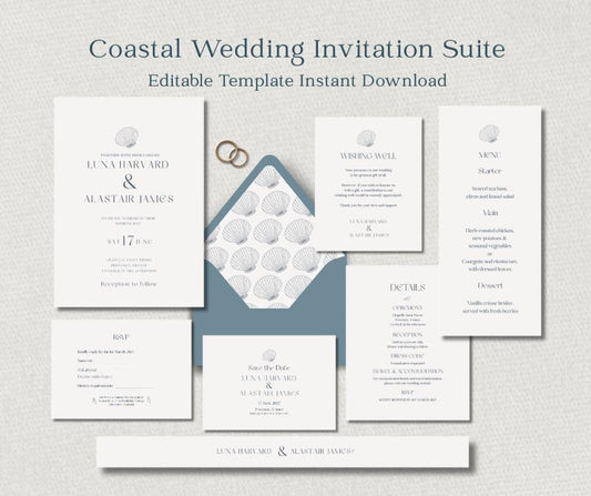 Coastal Wedding Invitation Template, Editable Canva Invite Suite, Beach Invite Set, Instant Download