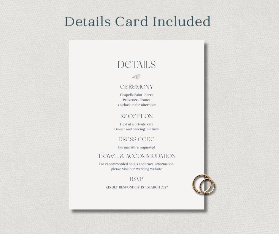 A cream-coloured wedding details card with elegant typography. The card includes information about the ceremony, reception, dress code, and travel accommodations.