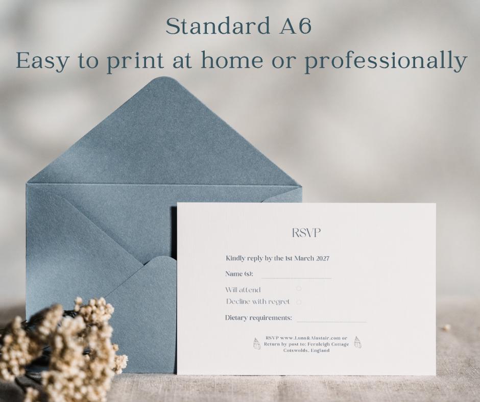 A blue-grey A6 envelope and RSVP card. The card has fields for name, attendance, regrets, and dietary needs.  The image also includes the text "Easy to print at home or professionally".
