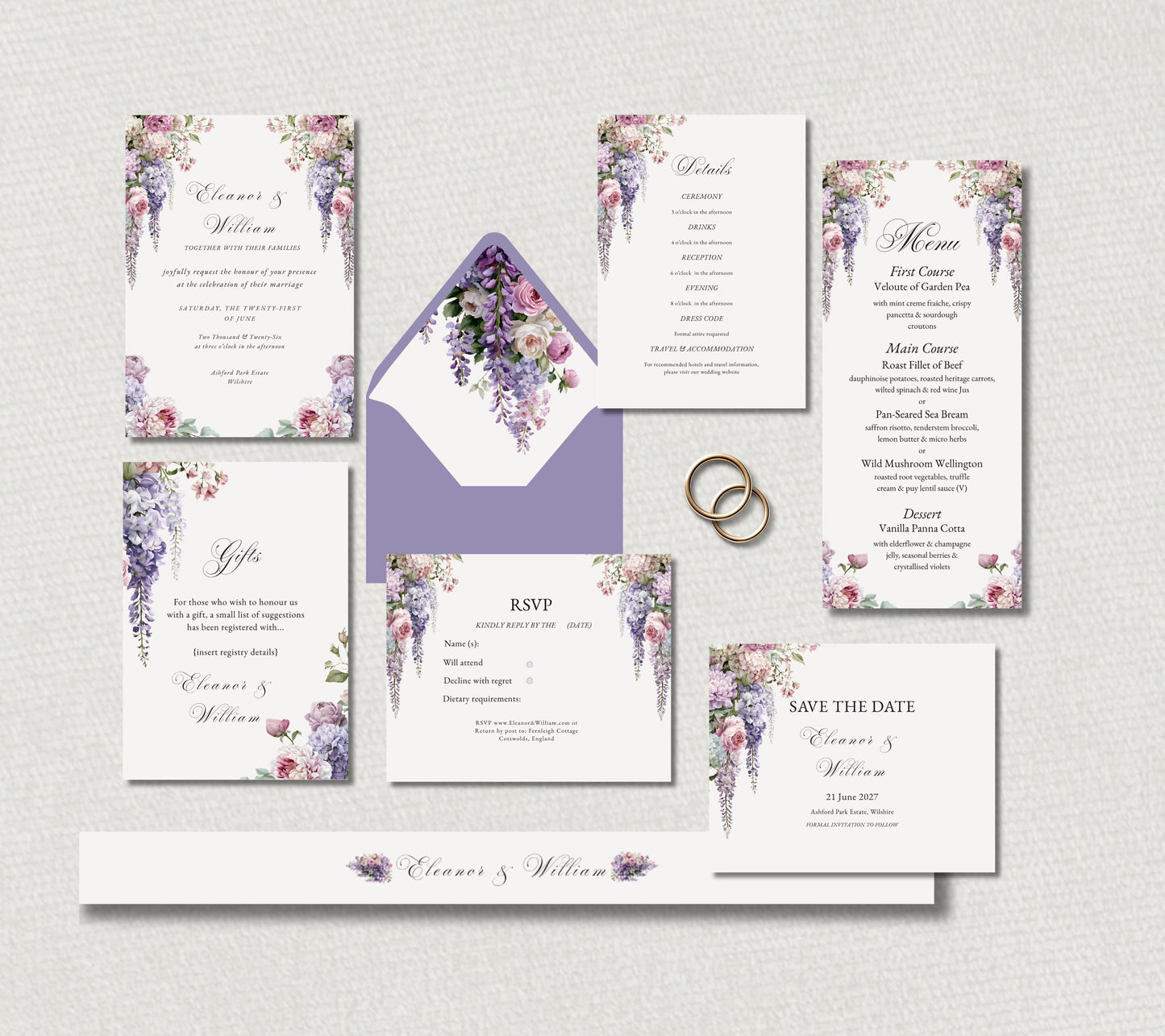 Regency Wisteria Wedding Invitation Suite. Editable Canva Template. Blush & Lavender Floral Stationery.