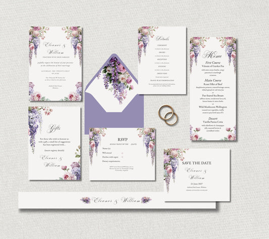 Regency Wisteria Wedding Invitation Suite. Editable Canva Template. Blush & Lavender Floral Stationery.
