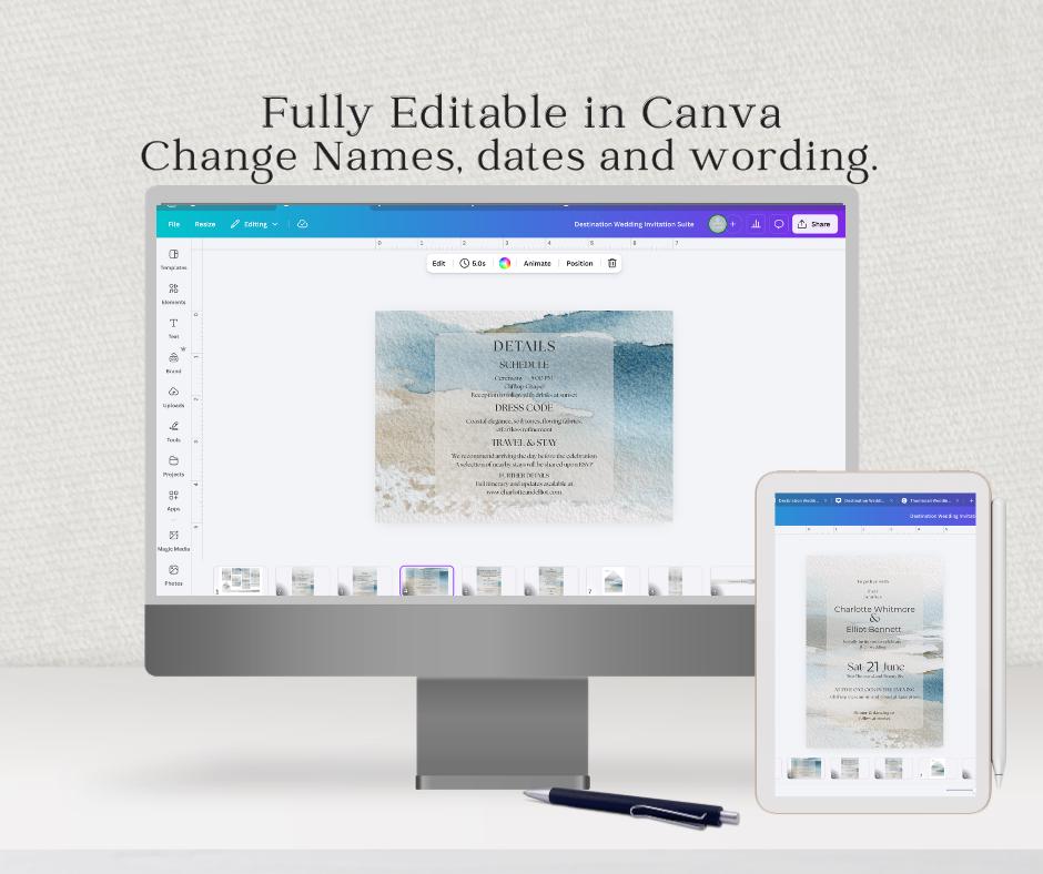 Coastal Wedding Stationery Bundle Editable Canva Template Suite Destination Beach Invitation Collection Minimalist.