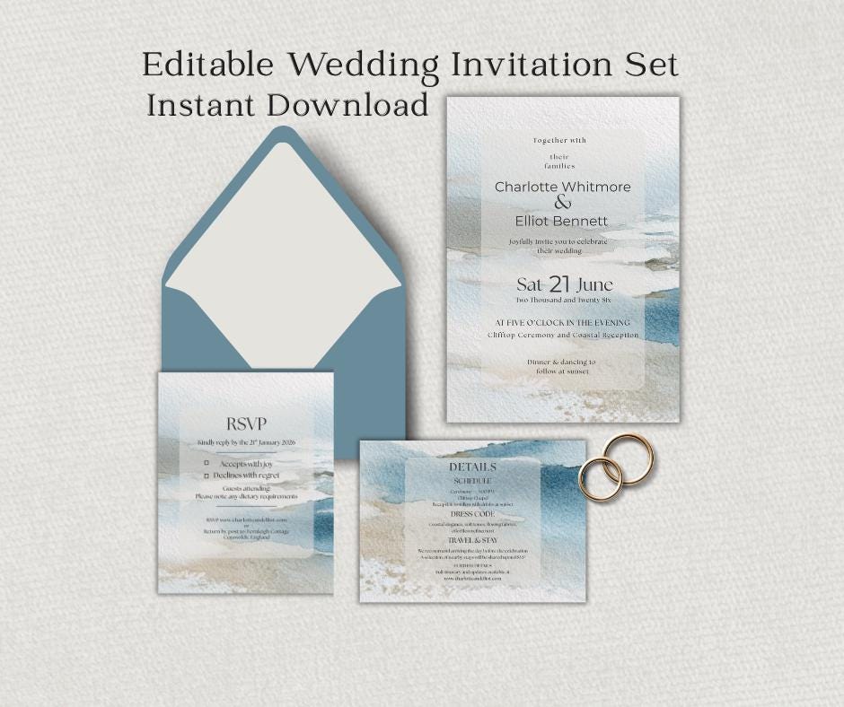 Coastal Wedding Stationery Bundle Editable Canva Template Suite Destination Beach Invitation Collection Minimalist.