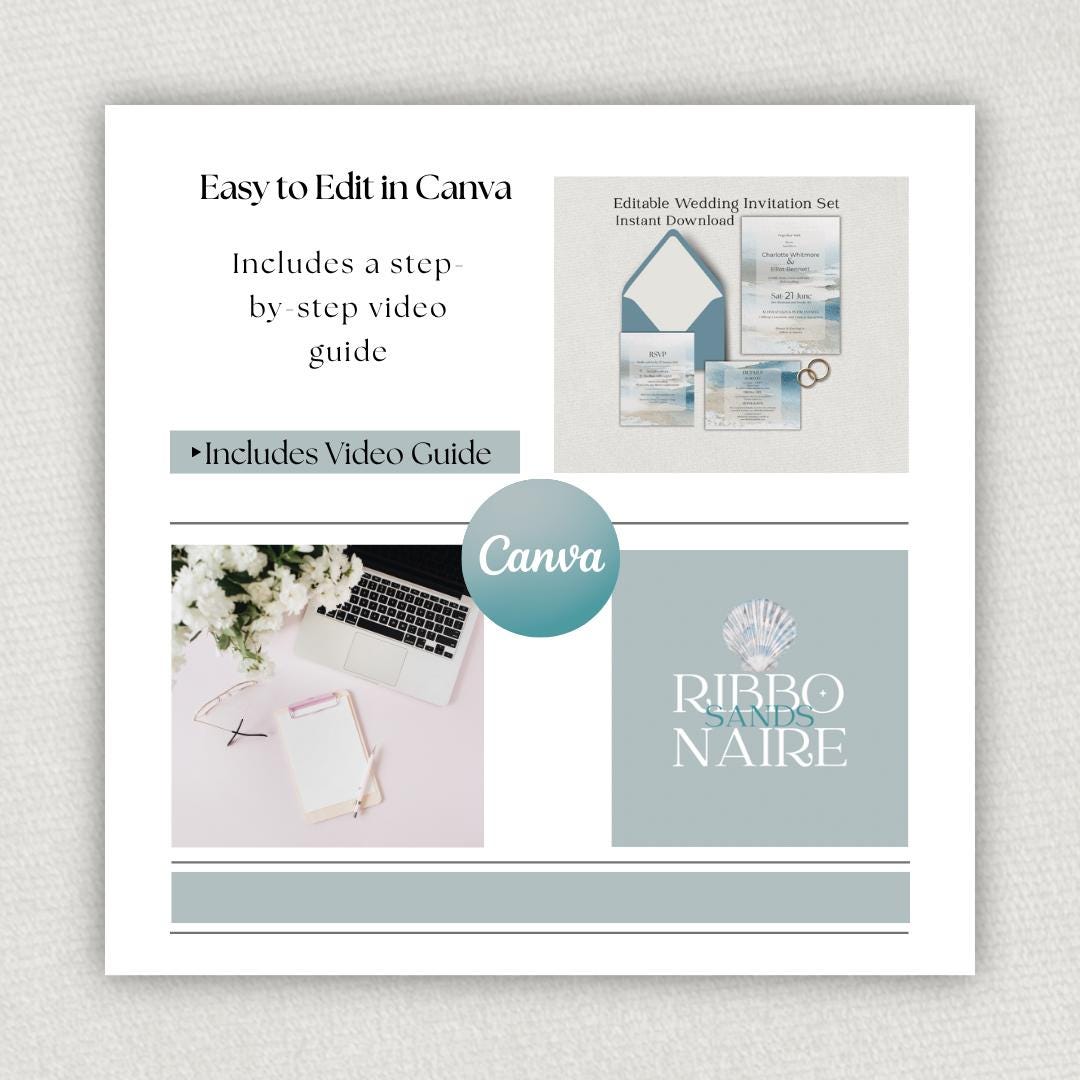 Coastal Wedding Stationery Bundle Editable Canva Template Suite Destination Beach Invitation Collection Minimalist.