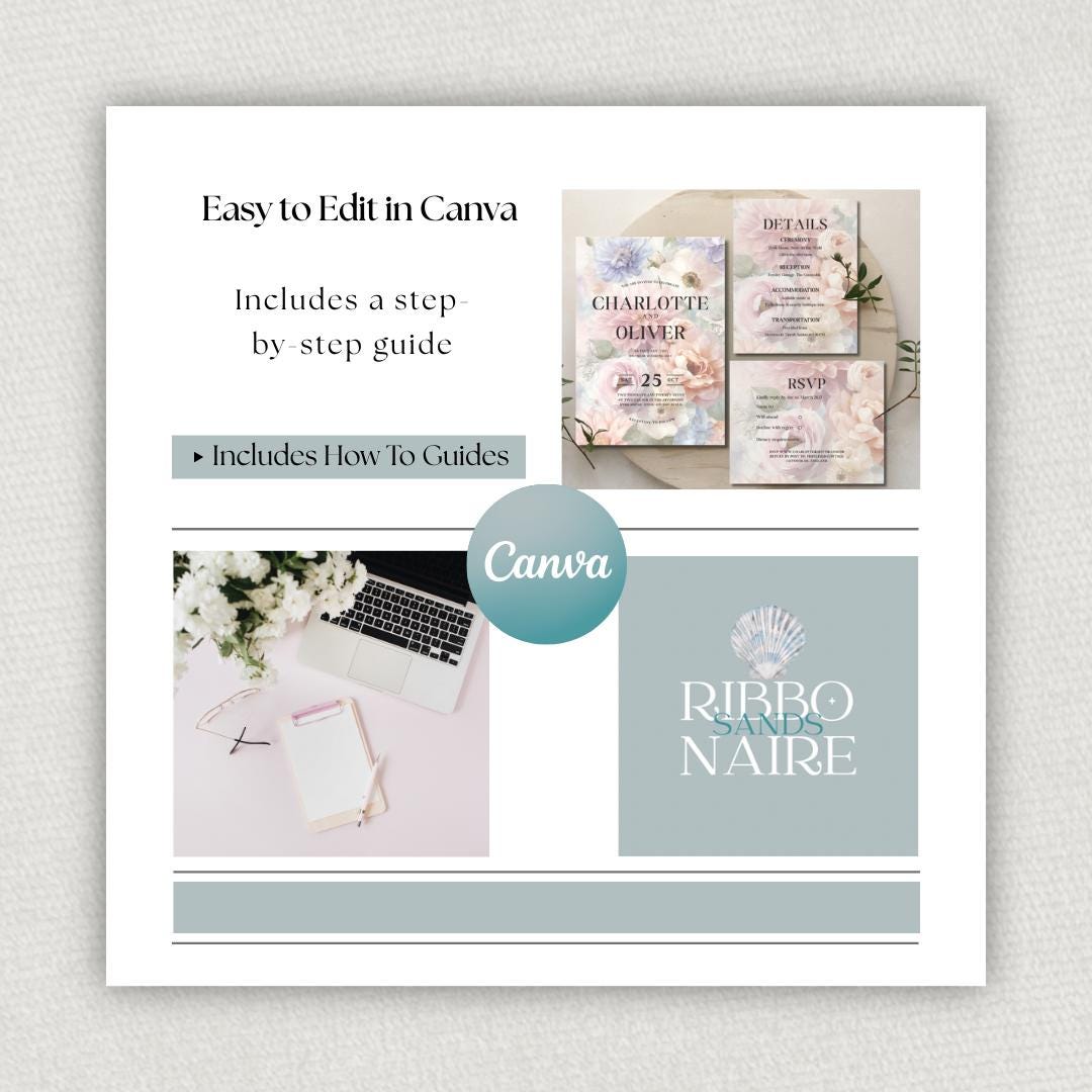 Romantic Floral Wedding Invitation Set, Pastel Garden Wedding. Flower Canva Template, RSVP & Details Card.