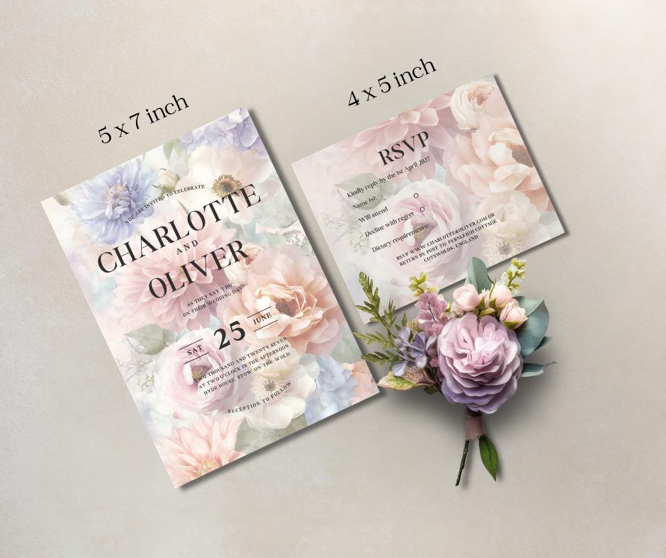 Romantic Floral Wedding Invitation Set, Pastel Garden Wedding. Flower Canva Template, RSVP & Details Card.
