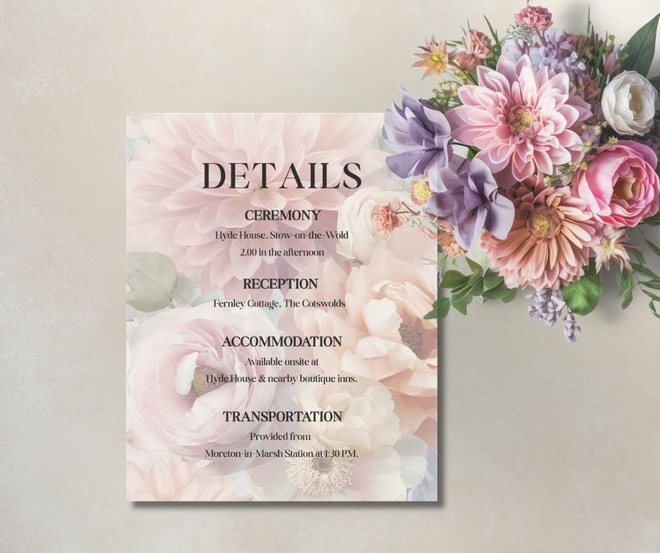 Romantic Floral Wedding Invitation Set, Pastel Garden Wedding. Flower Canva Template, RSVP & Details Card.