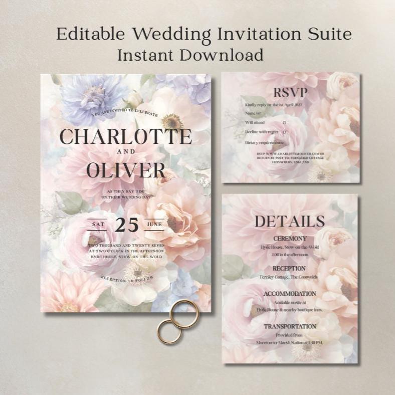 Romantic Floral Wedding Invitation Set, Pastel Garden Wedding. Flower Canva Template, RSVP & Details Card.