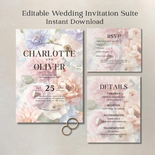 Romantic Floral Wedding Invitation Set, Pastel Garden Wedding. Flower Canva Template, RSVP & Details Card.
