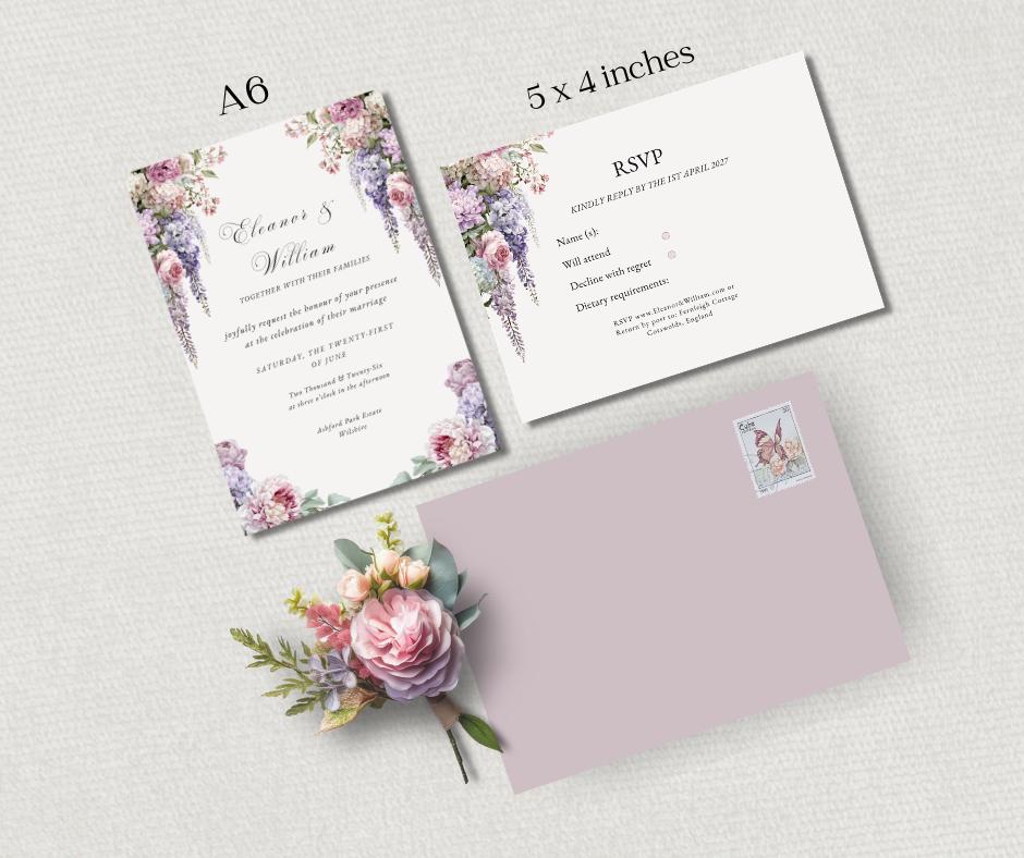 Regency Wisteria Wedding Invitation Suite. Editable Canva Template. Blush & Lavender Floral Stationery.