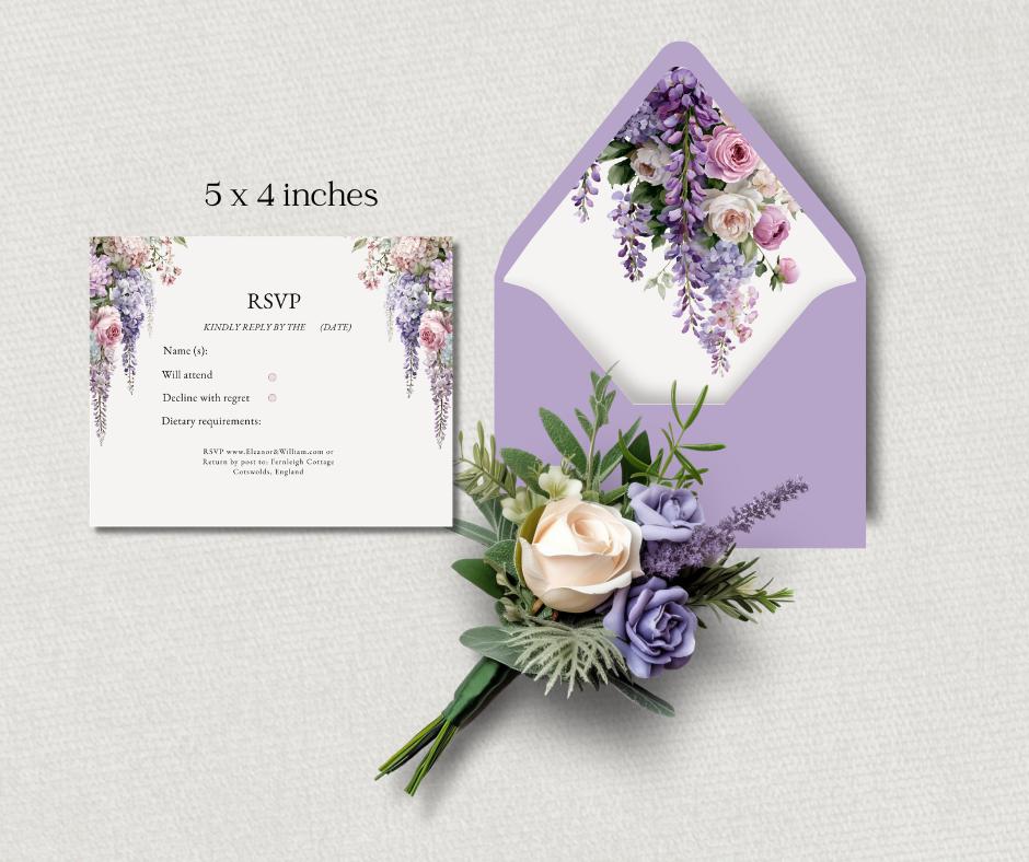 Regency Wisteria Wedding Invitation Suite. Editable Canva Template. Blush & Lavender Floral Stationery.