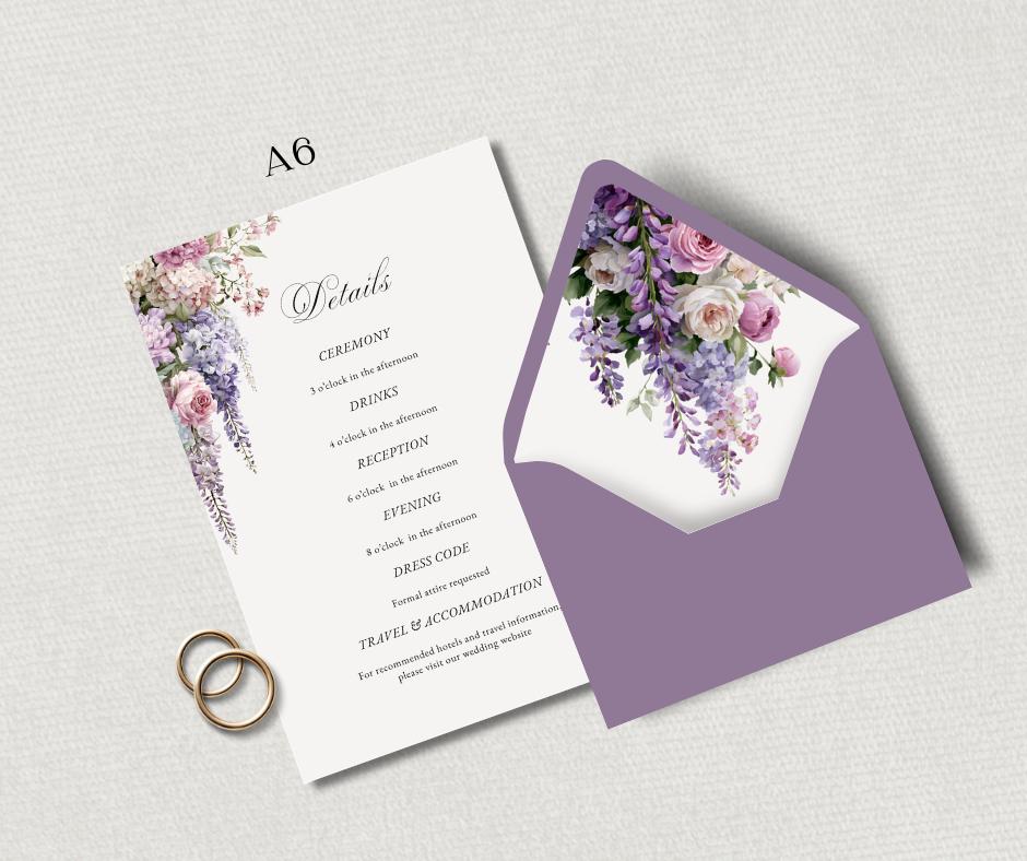 Regency Wisteria Wedding Invitation Suite. Editable Canva Template. Blush & Lavender Floral Stationery.