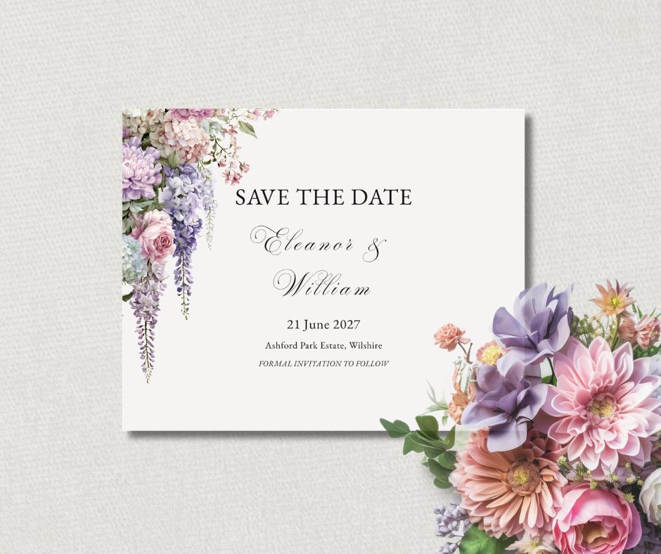 Regency Wisteria Wedding Invitation Suite. Editable Canva Template. Blush & Lavender Floral Stationery.