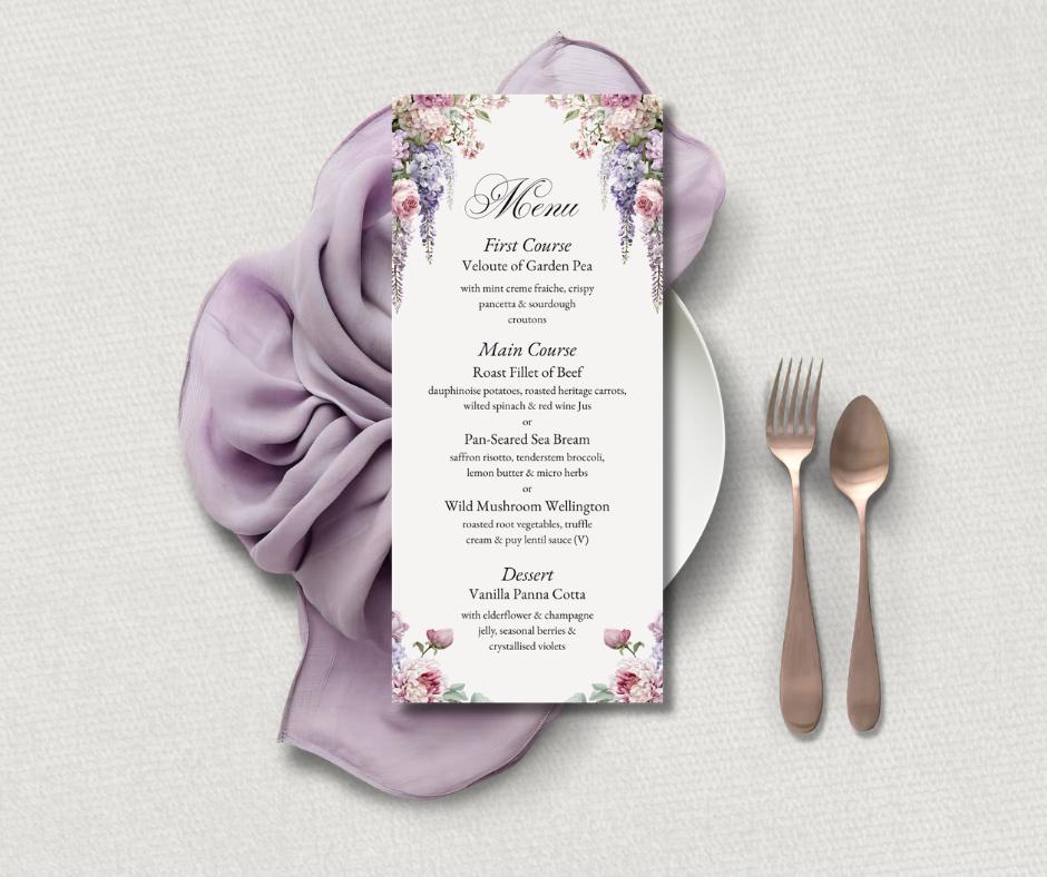 Regency Wisteria Wedding Invitation Suite. Editable Canva Template. Blush & Lavender Floral Stationery.