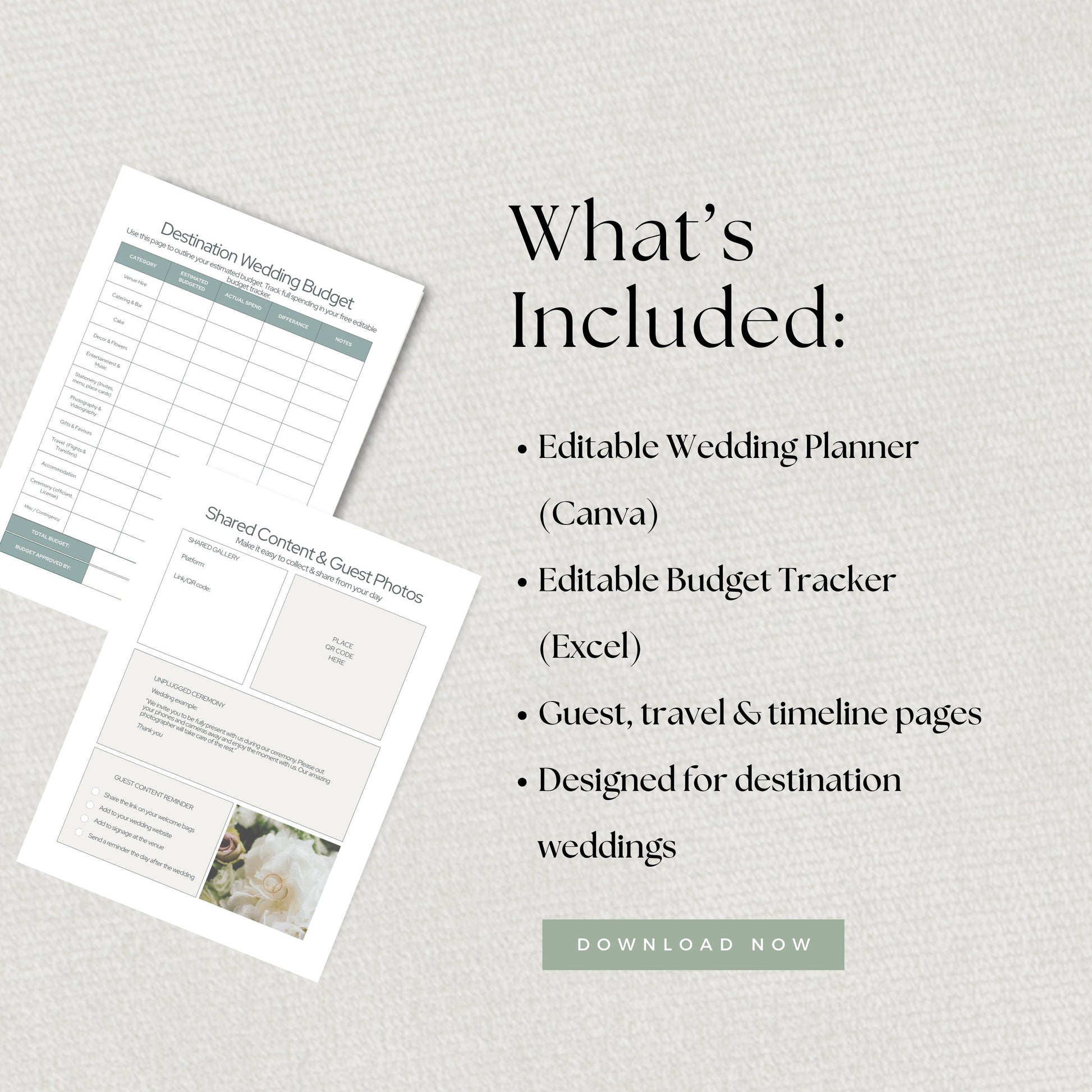 A wedding planner with the text "Destination Wedding Budget" and "Shared Content & Guest Photos". The text "What's Included:" is displayed with a list of features, including an editable wedding planner and budget tracker.