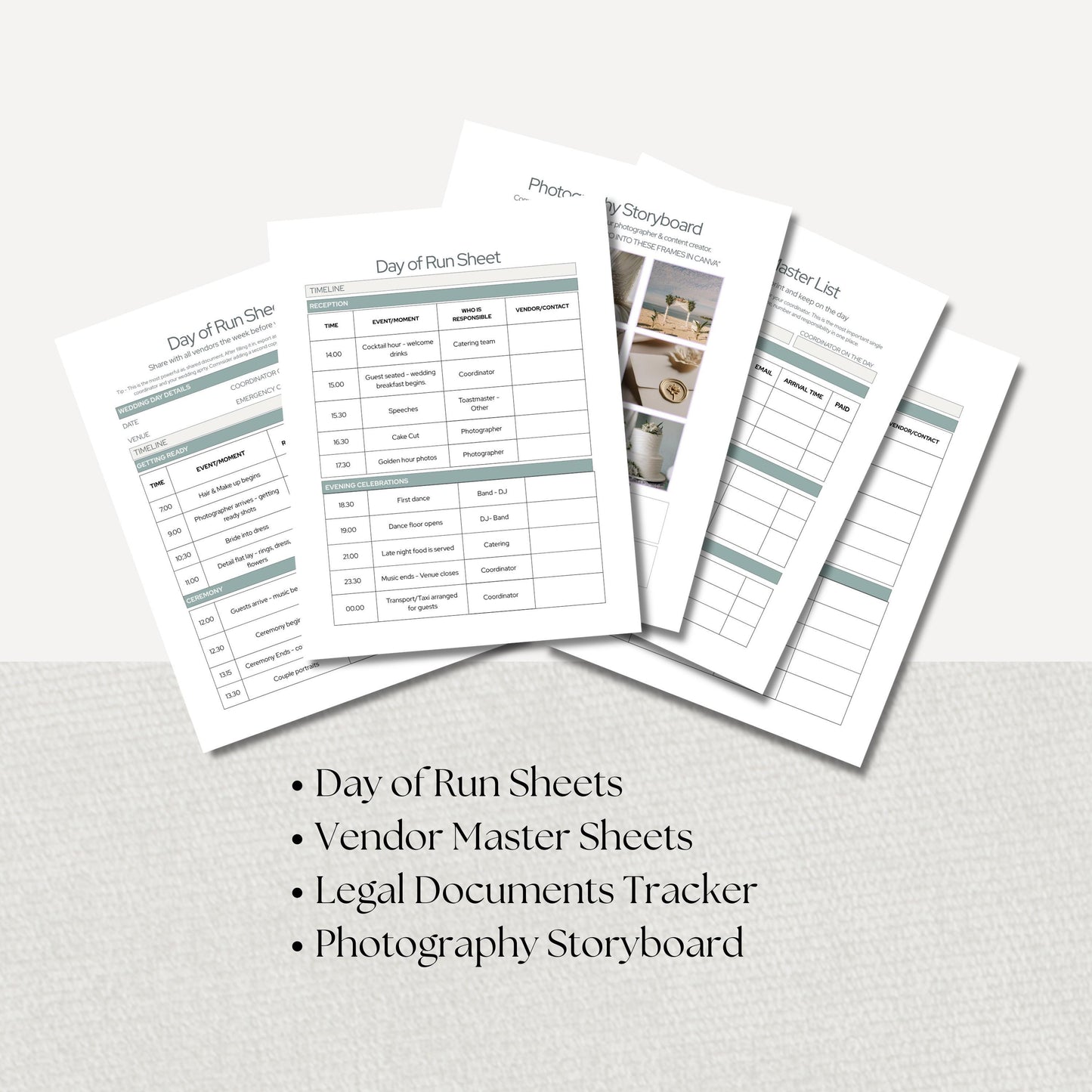 Planner includes a Day of Run Sheet, Vendor Master Sheets, and a Photography Storyboard.