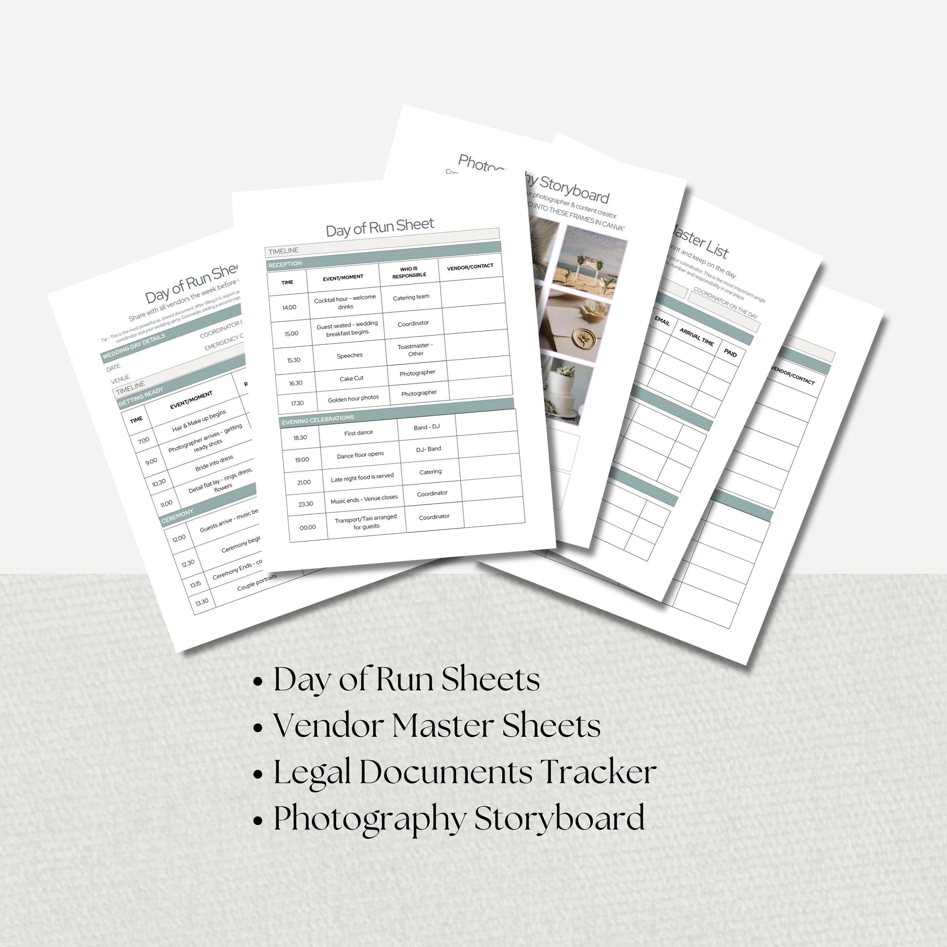 Planner includes a Day of Run Sheet, Vendor Master Sheets, and a Photography Storyboard.