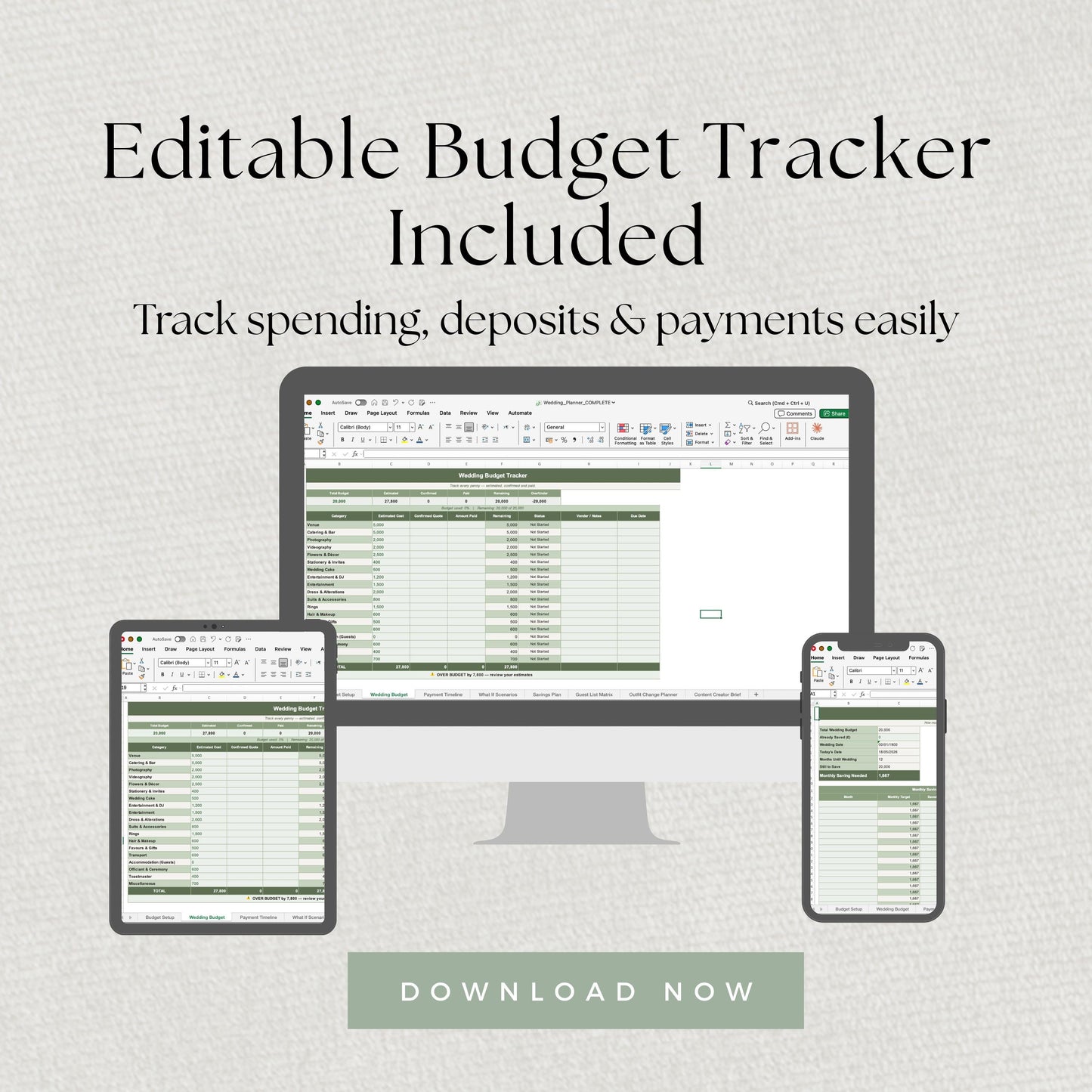 A digital budget tracker displayed on a computer monitor, tablet, and smartphone. The text "Editable Budget Tracker Included" and "Track spending, deposits & payments easily" are visible. Al