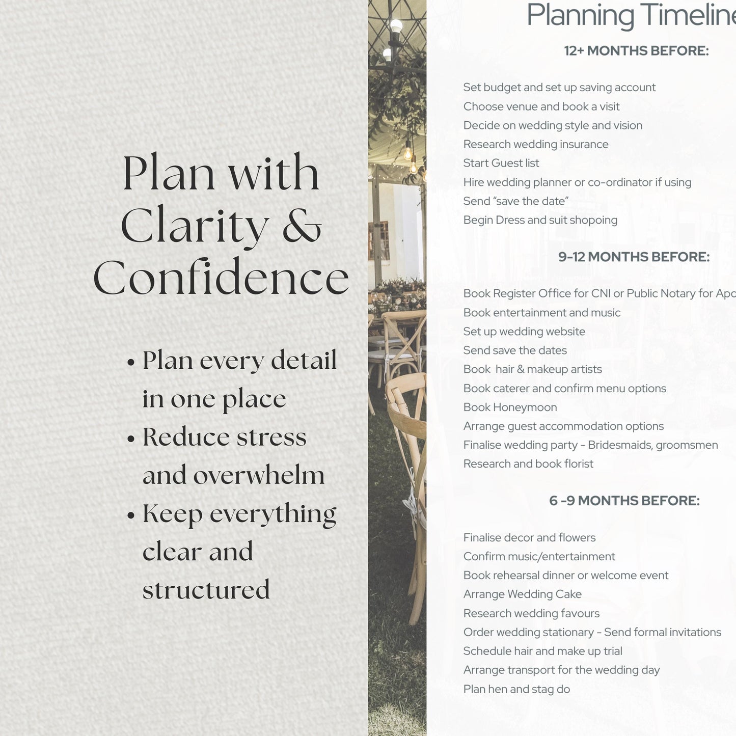 A wedding planning timeline with the text "Plan with Clarity & Confidence." The timeline details steps for 12+ months, 9-12 months, and 6-9 months before the wedding.