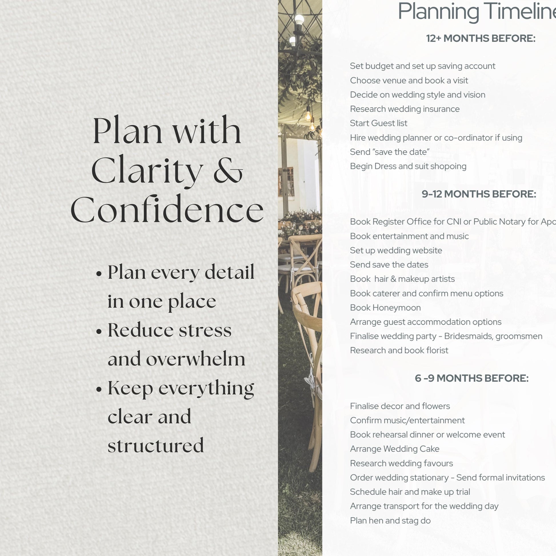 A wedding planning timeline with the text "Plan with Clarity & Confidence." The timeline details steps for 12+ months, 9-12 months, and 6-9 months before the wedding.