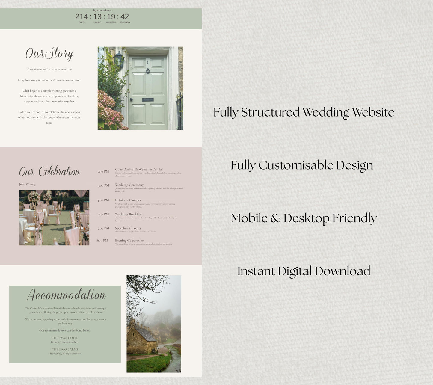 Romantic Sage and Blush Wedding Website Template. Editable Canva Site With A Live Countdown and RSVP, Music, Meal Tracker.