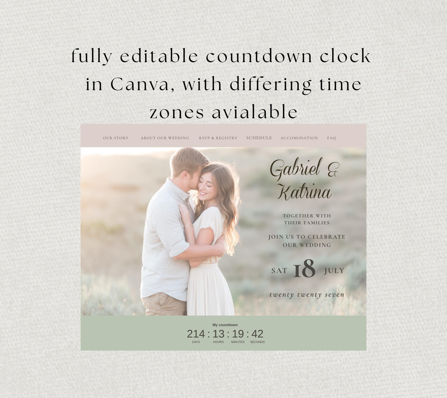 Romantic Sage and Blush Wedding Website Template. Editable Canva Site With A Live Countdown and RSVP, Music, Meal Tracker.