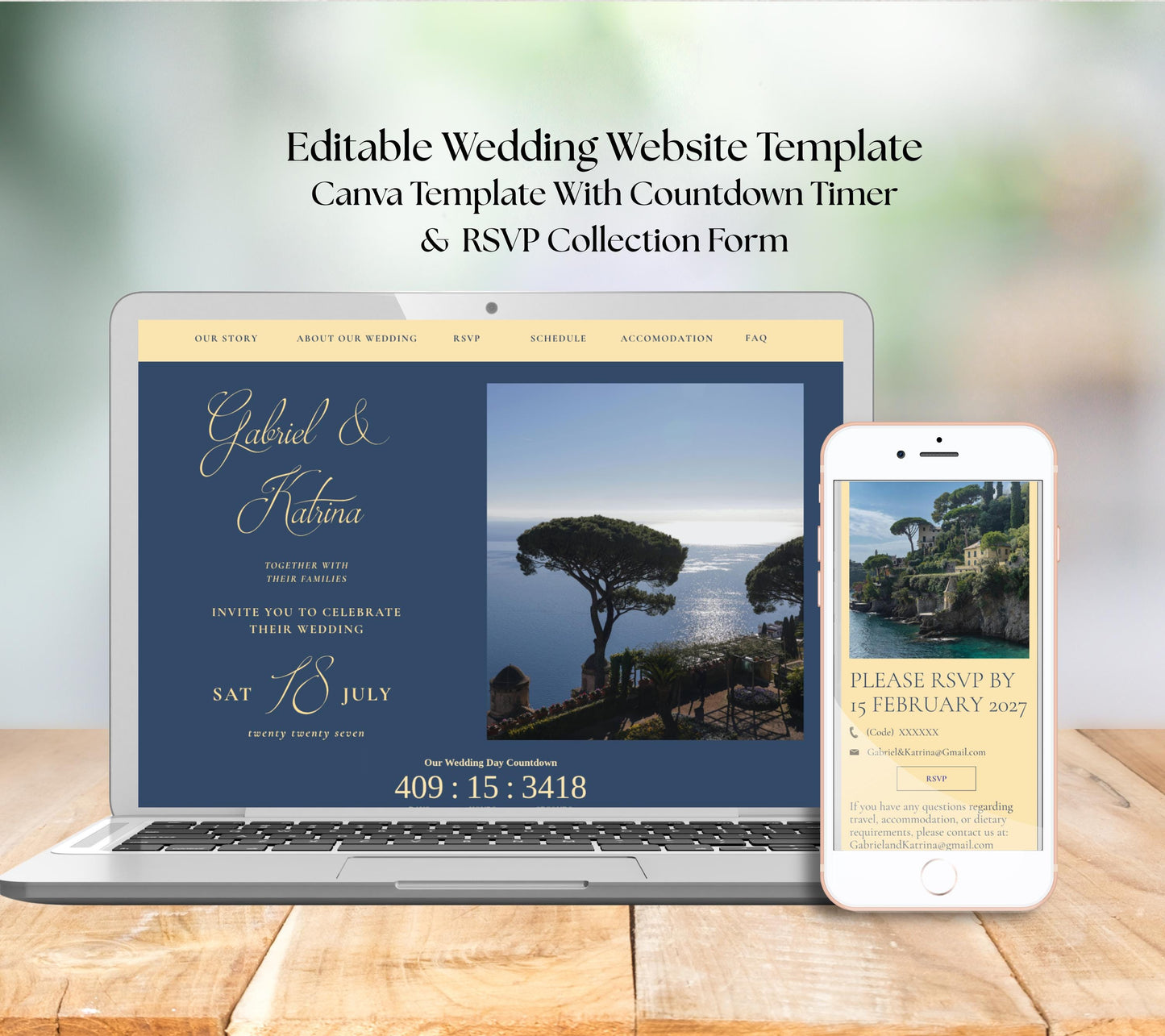 Italian Wedding Website. Canva Amalfi Destination Template. Lemon Theme with Live Countdown. Google RSVP, Meals, Song Request Tracker.
