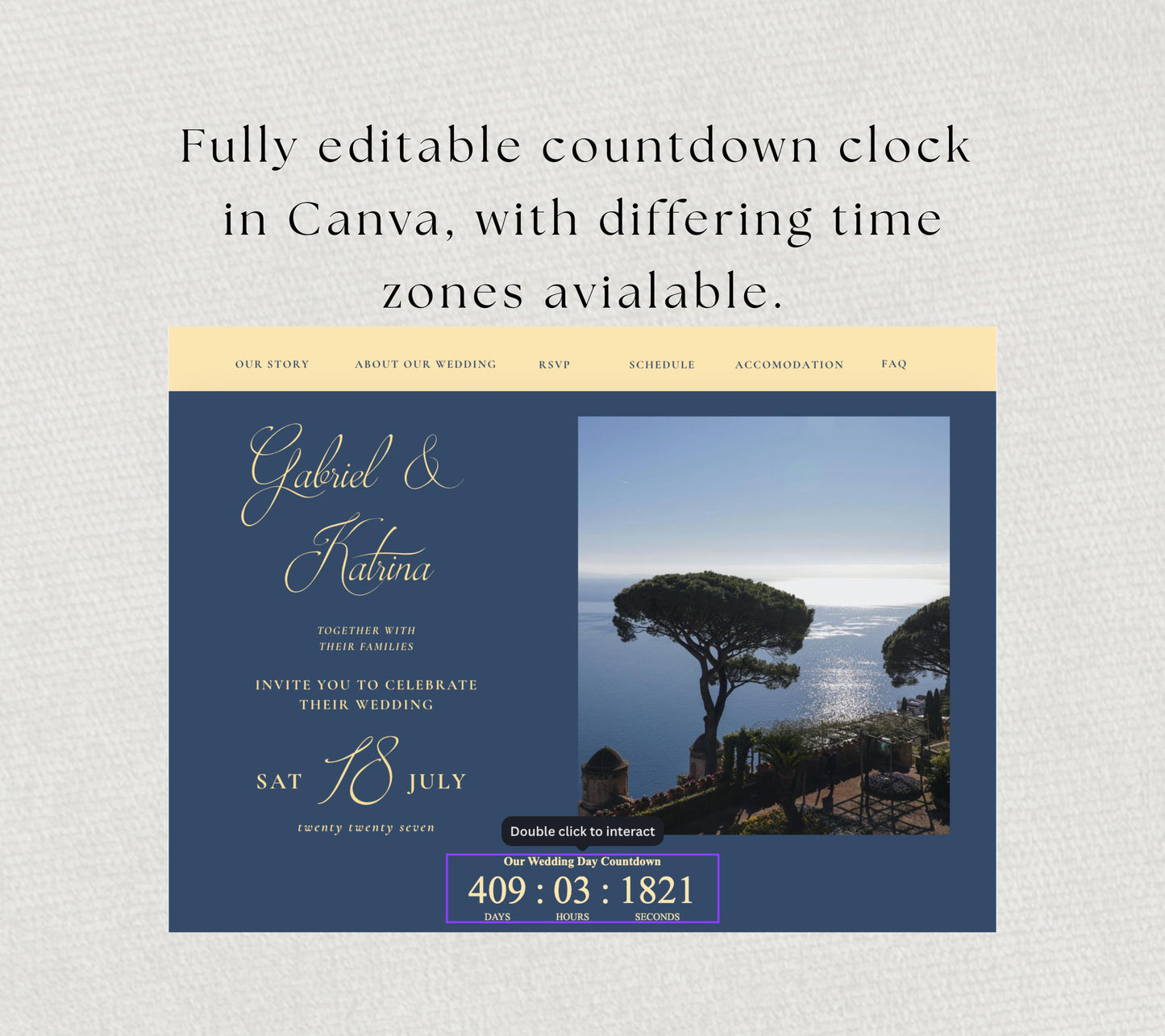 Italian Wedding Website. Canva Amalfi Destination Template. Lemon Theme with Live Countdown. Google RSVP, Meals, Song Request Tracker.